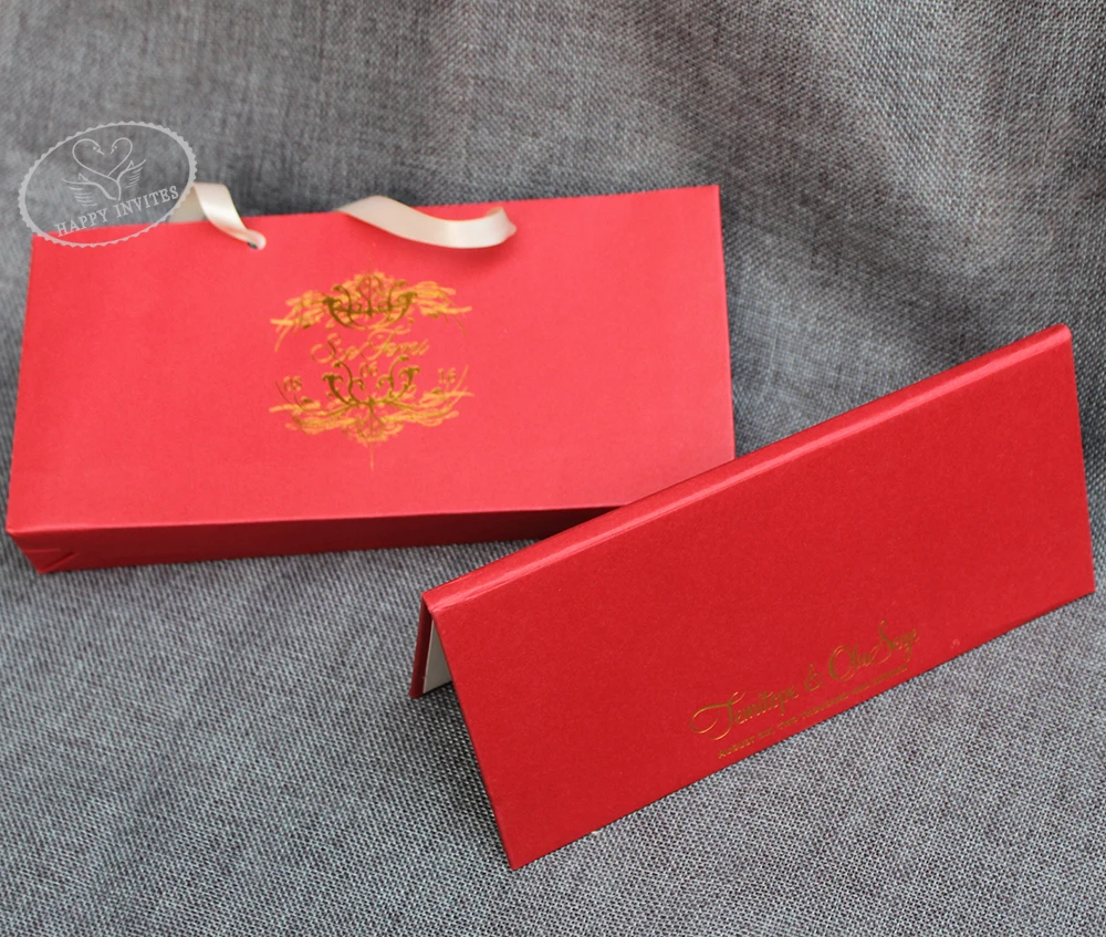HI1181-04 Customized Red Hardcover Invitation Card Folder with HandBag & Gold Foiling Printing Red Wedding Cards at Factory Wholesal Price Made in China