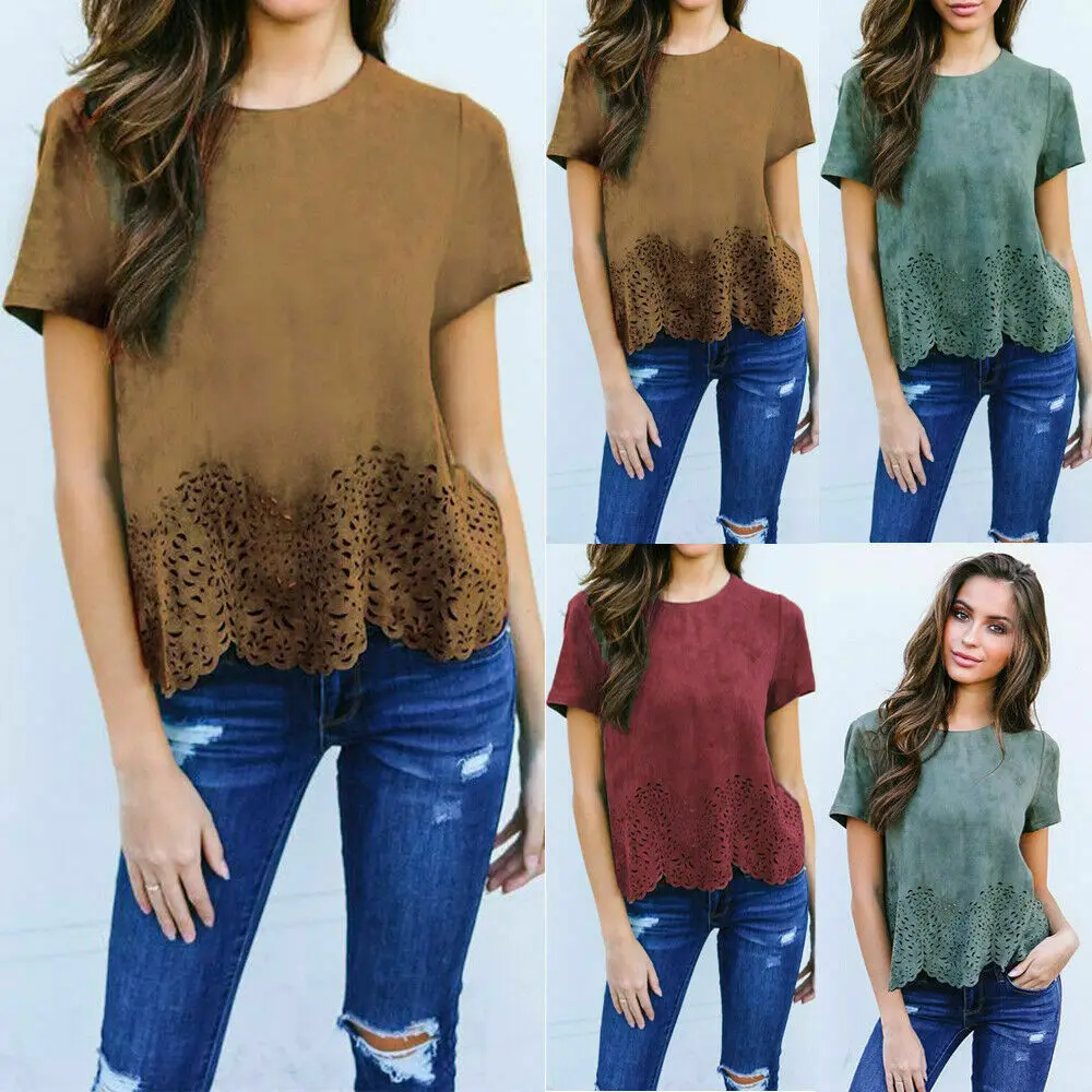 

Womens Suede Fabric Casual T-Shirt Ladies Summer Loose Tops Tee Size S-XL New