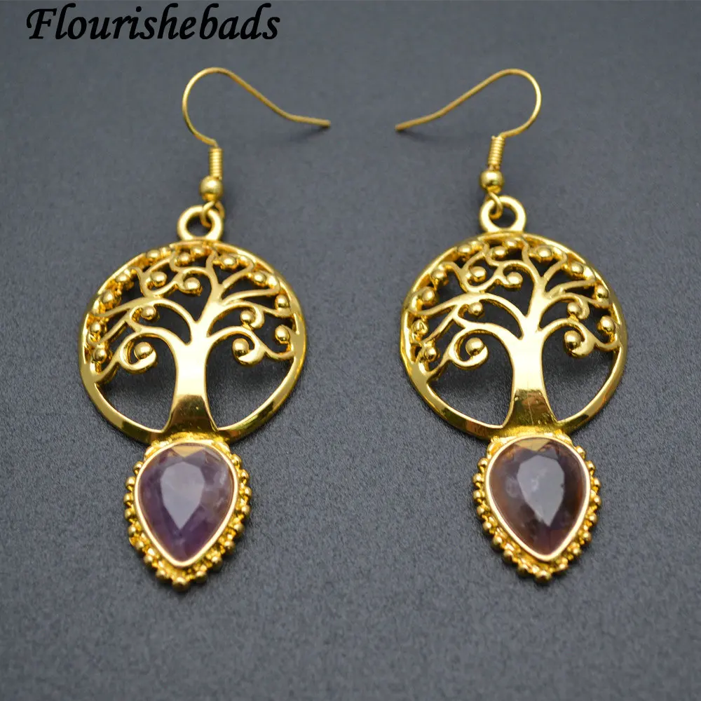 

Christmas Gift Metal Life Tree Charm Natural Amethyst Drop Beads Dangle Earrings Party Energy Crystal Healing Jewelry