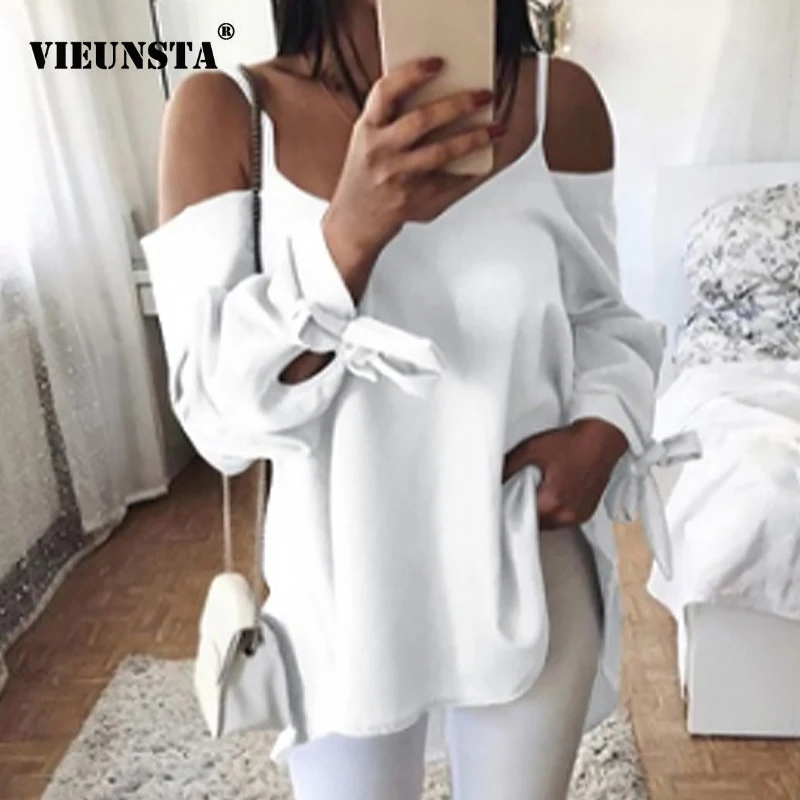 

VIEUNSTA 2019 Off Shoulder Spaghetti Strap Sexy Top Women Lace Up Long Sleeve Blouse Shirt Autumn Fashion Solid Loose Blusas 2XL