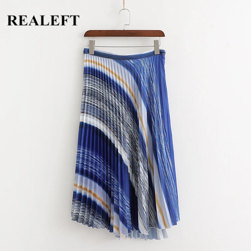 

REALEFT 2019 New Arrival Women Striped Elegant Pleated Long Skirts High Waist Harajuku Tulle A-Line Mid-Calf Skirts for Street