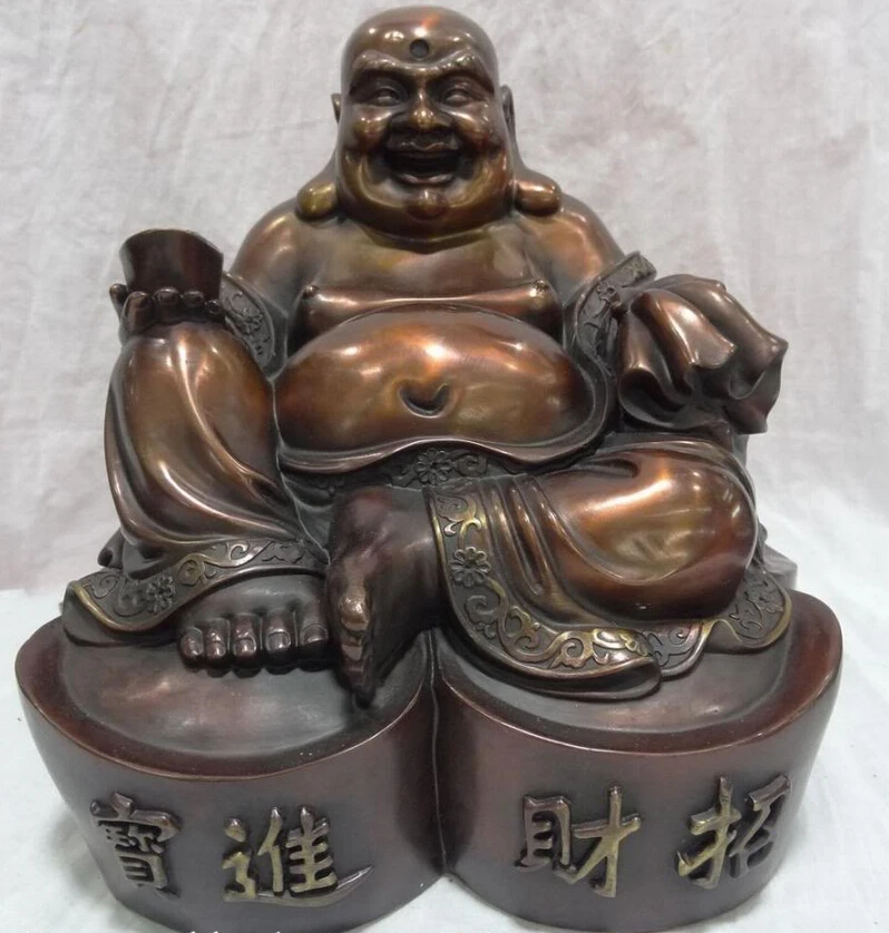 

song voge gem S3002 12" China Pure Bronze Buddhism Happy Laughing Maitreya Buddha Statue Monkey Bag