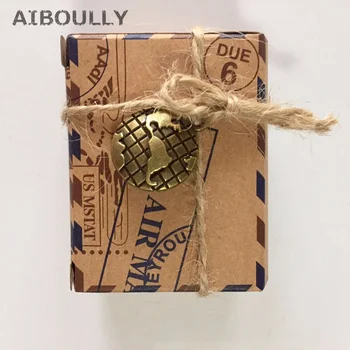 

50 pcs/lot DIY Wedding decoration Vintage Via Air Mail Global Brown Paper Candy Box with Metal Compass Global envelope Cake Box