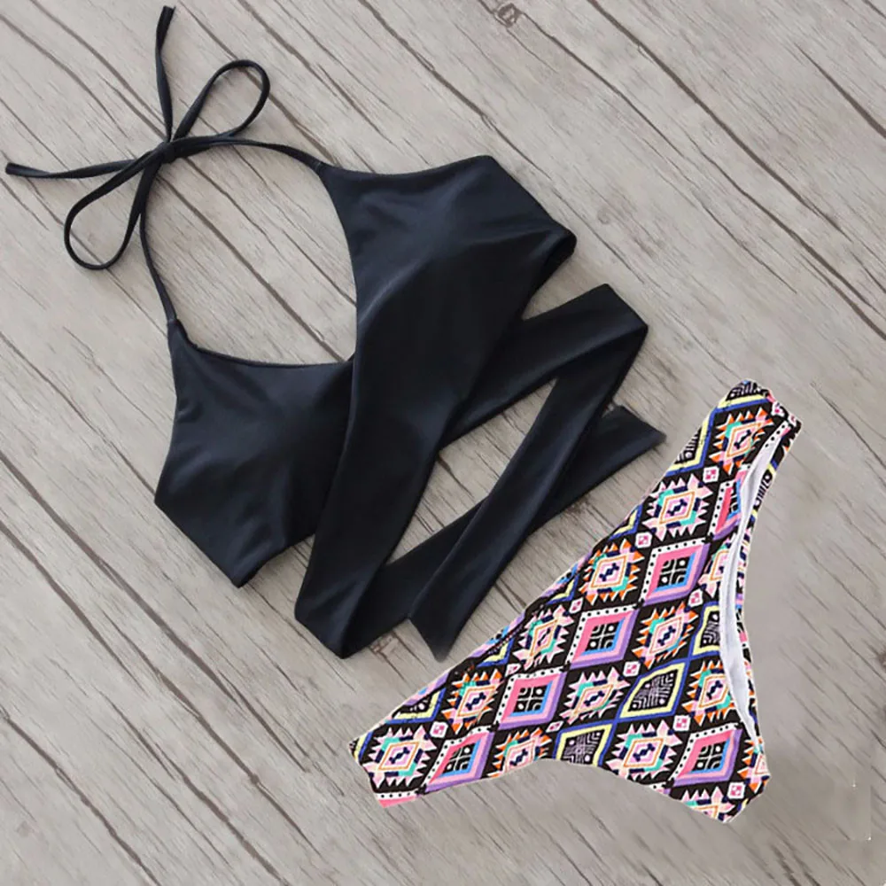 

SAGACE Bandage Bikini Swimwear Women Swimsuit Black Bikini Set 2019 Bathing Suit Cross Print Femme Beachwear