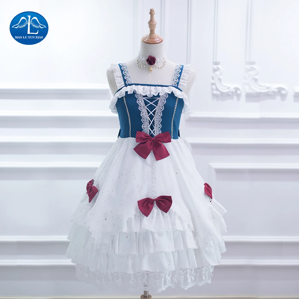 

2018 Women Summer Sweet Cute Original Strap Chiffon Multilayer Bowknot Lolita Dress