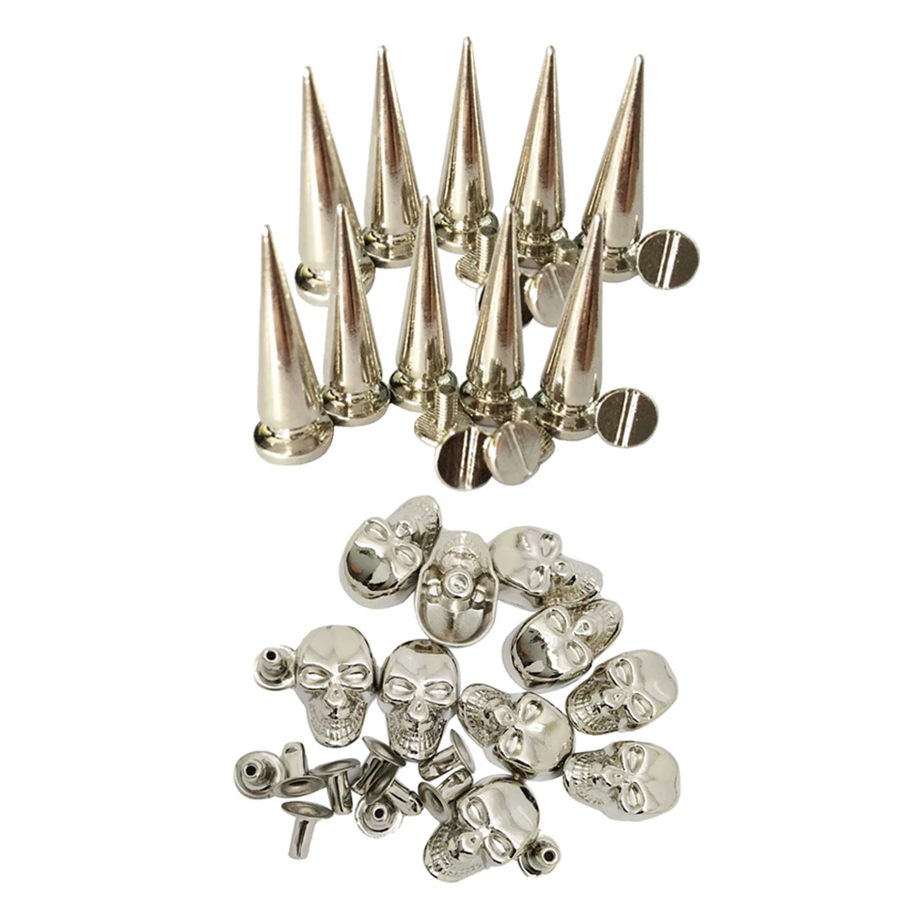  20 Sets Skull Cone Studs Rivets Punk Rock Spikes Shoes Bag DIY Leather Craft Silver