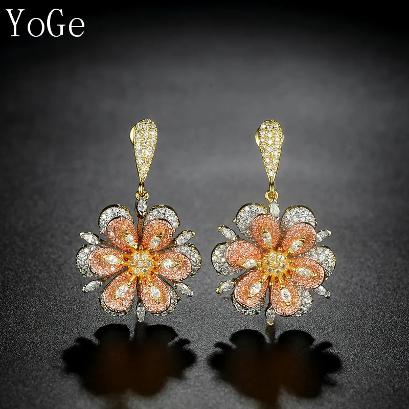 

YoGe statement Jewellery, E7779 Luxury AAA CZ flower shaped small drop earrings,womens accessaries, 3 tones gold plating