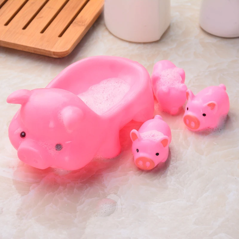 low cost  4 Piece/Set Lovely Pink Pig Shaped Baby Bath Toy Rubber Float Squeaky Toy Bath Toy