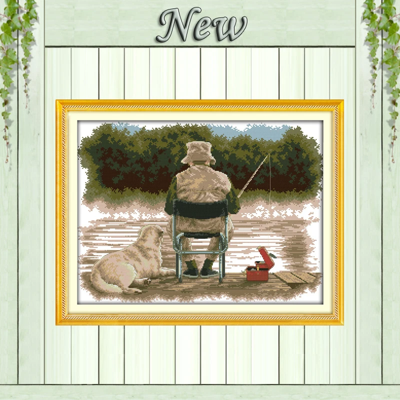 

old man and dog to Fishing,printed on canvas DMC 14CT 11CT Cross Stitch kits,embroidery needlework Sets,river Scenery Home Decor