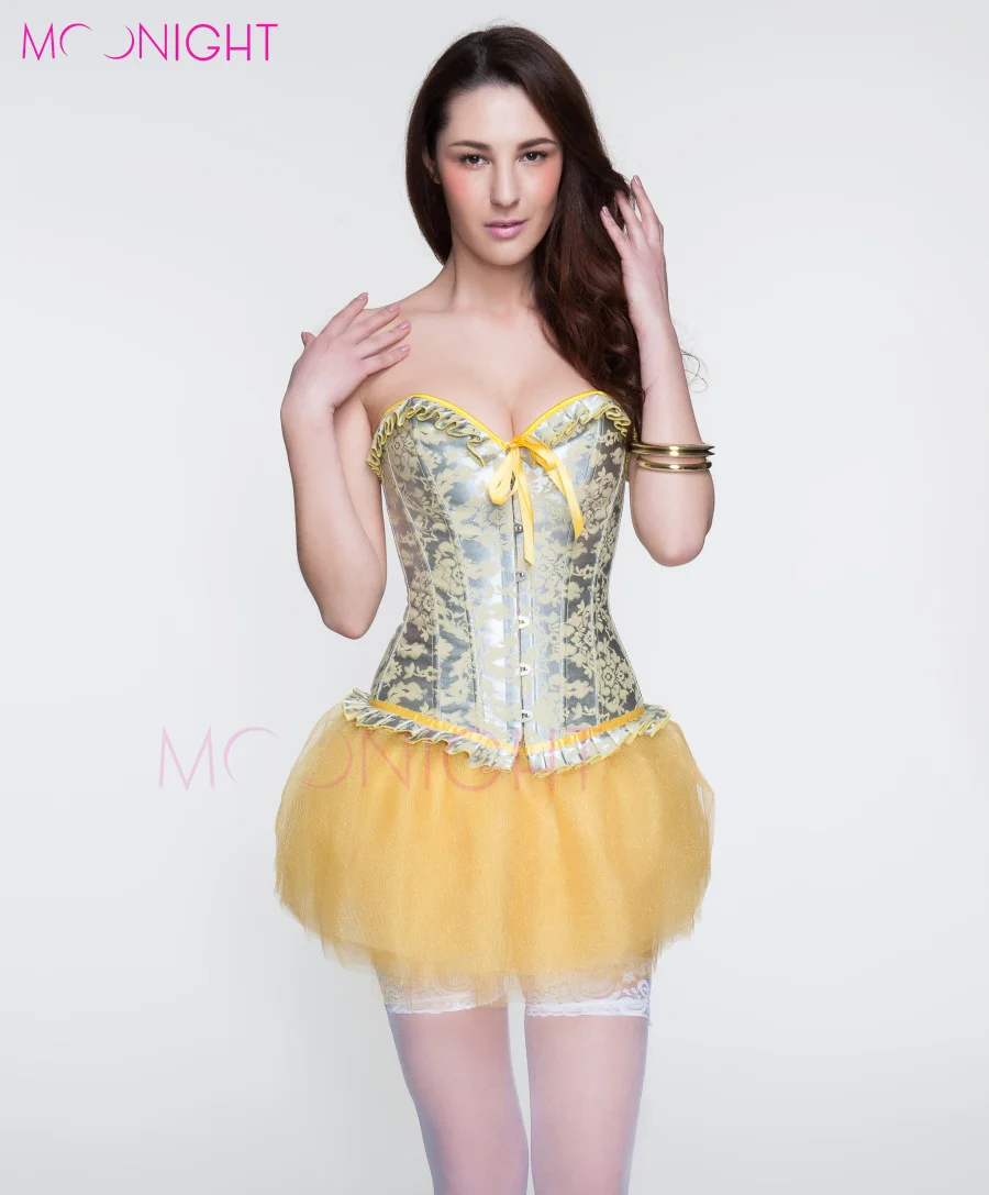 2016 New Yellow Corset Flower Print Corselet Sexy Bustier Women Satin
