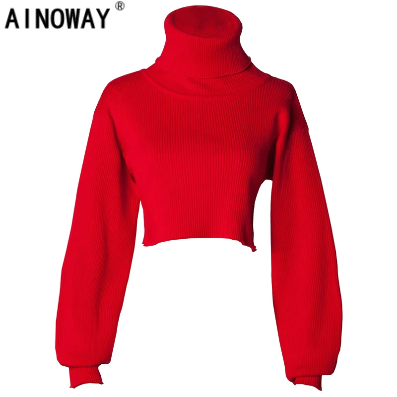 

Harajuku Vintage winter women lantern sleeve turtleneck sweater loose knitted crop tops ladies pullover sweater oversized
