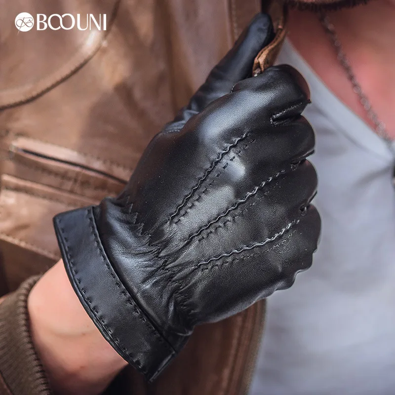 BOOUNI Genuine Leather Gloves Fashion Men Sheepskin Gloves Winter Plus Velvet Classic Black Leather Driving Glove NEW NM703