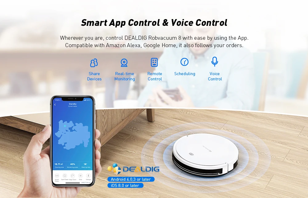 DEALDIG robвакуум 8 робот пылесос с Wi-Fi подключение работает для Alexa