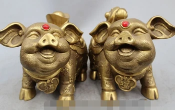 

7" Chinese Brass FengShui Animal YuanBao RuYi Coin Happy Fu Pig Statue Pair fast