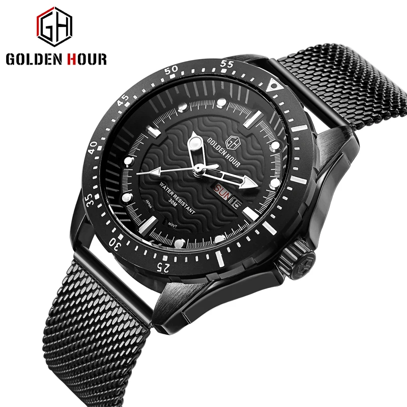 

GOLDENHOUR 2018 Sports Casual Watch Men Quartz Analog Clock Mesh Strap Date Week Top Brand Luxury Waterproof Wrist Watches Man
