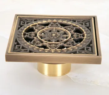 

Vintage Retro Antique Brass Carved Flower Pattern Bathroom Shower Drain 4" Square Floor Drain Waste Grates ahr051