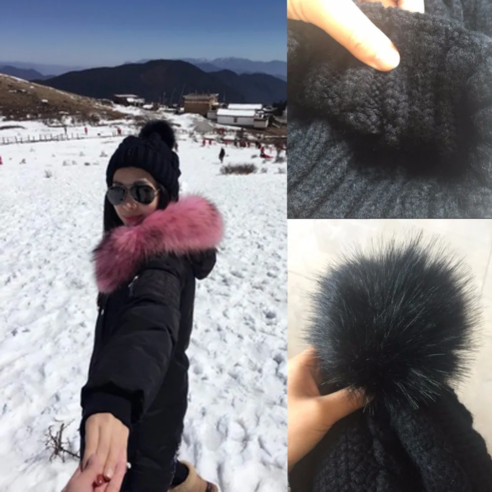 Зимние теплые pom вязаная шапка Для женщин Мех животных помпонами шапочки шляпа шапки Серый Цвет
