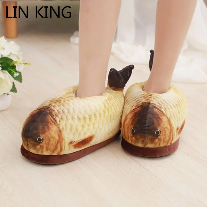 

LIN KING New Design Cartton Fish Unisex Winter Home Slippers Women Men Non-slip Cotton Padded Shoes Slip On Lazy Indoor Slippers
