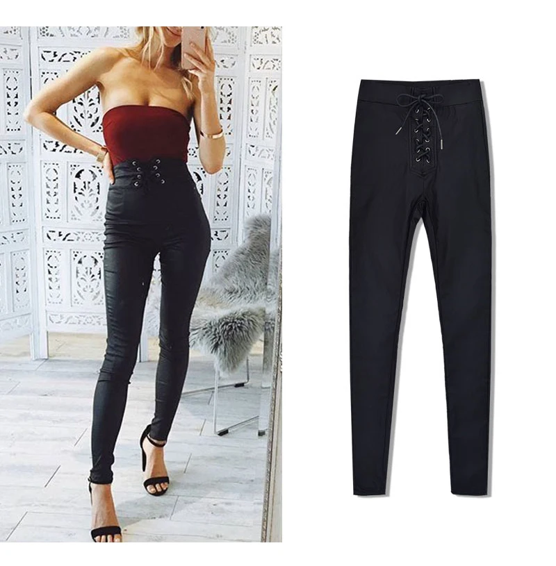 Women's high-waist slim body elastic metal open-hole binding belt elastic waist coating PU imitation leather jean small leg pants (4)