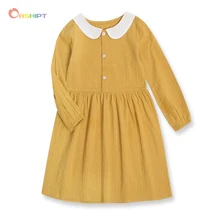 

OBSHIPT Peter Pan Collar Solid Girls Dress Cotton Kids Clothes Spring Autumn Children Clothing Long Sleeve Dresses For Party