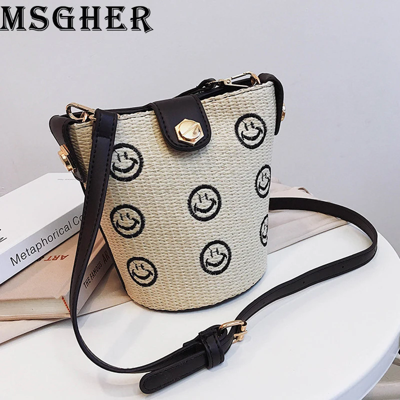 

MSGHER Bucket Shoulder Bags Women Summer Fashion Straw Beach Bags Small Bags High Quality Casual Crossbody Bags