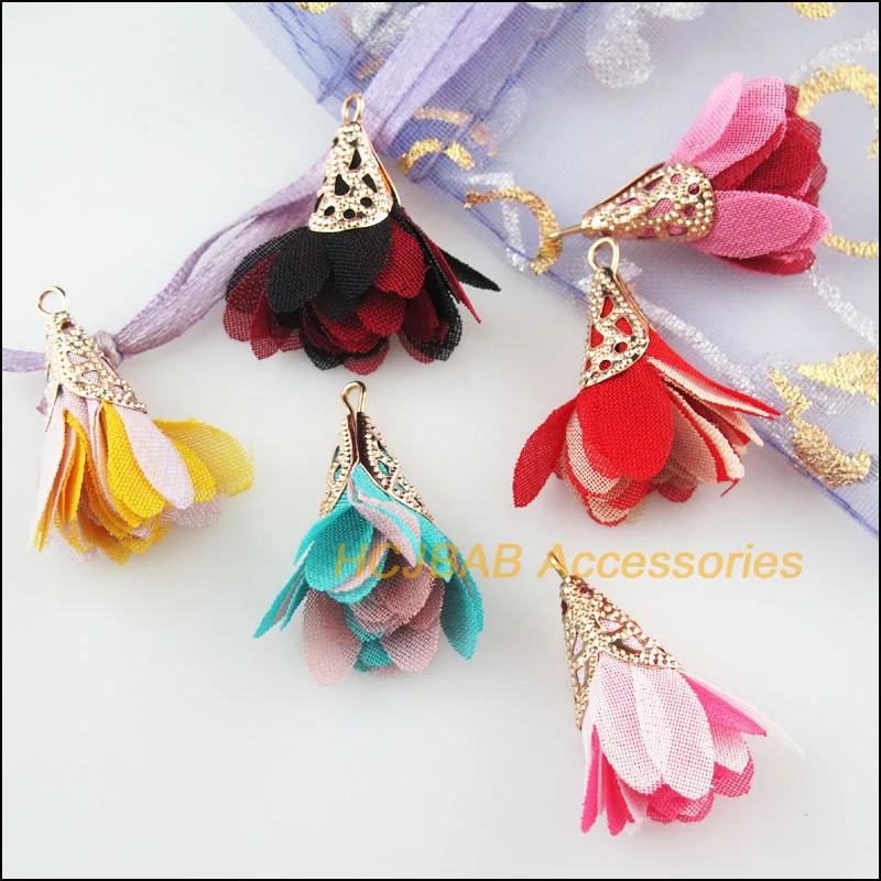 

8Pcs Mixed Gold Color Endcaps Cloth Flower Charms Pendants For DIY 20x26mm