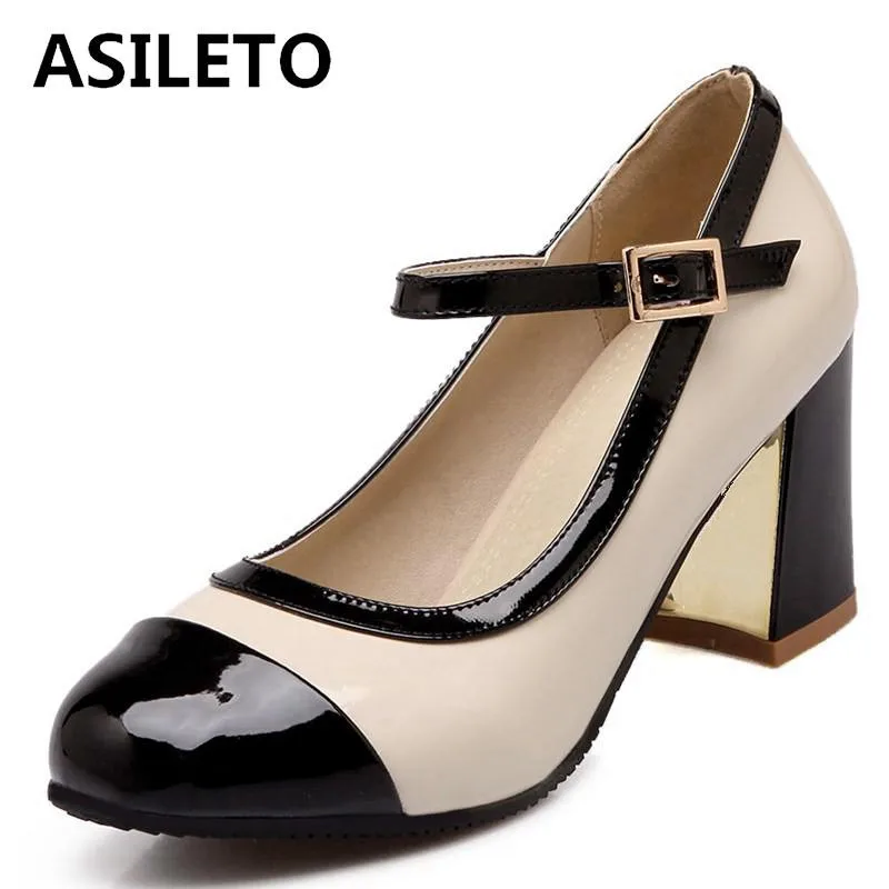

ASILETO Women Shoes Thick High Heel Shoes Woman Patchwork Pumps Mary Jane Buckle Heels Pumps Lady Office Footwear Zapatos S355