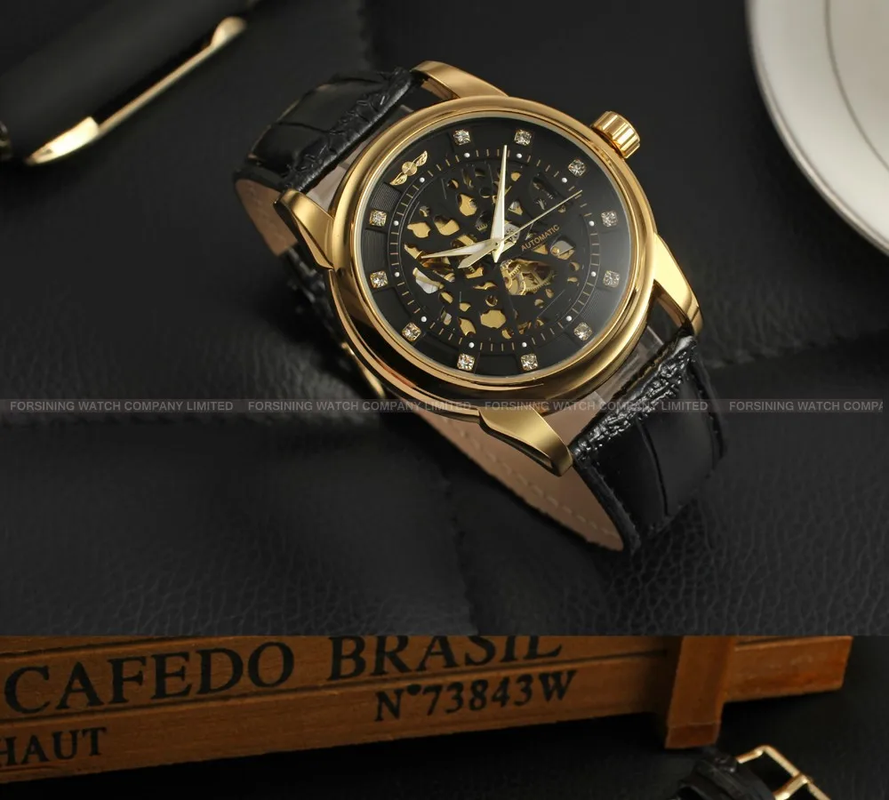 Стильный WINNER скелет черный циферблат высокого класса прозрачные Камни наручные часы с легированным корпусом для мужчин люксовый бренд saat автоматический movt/WRG8097M3G3