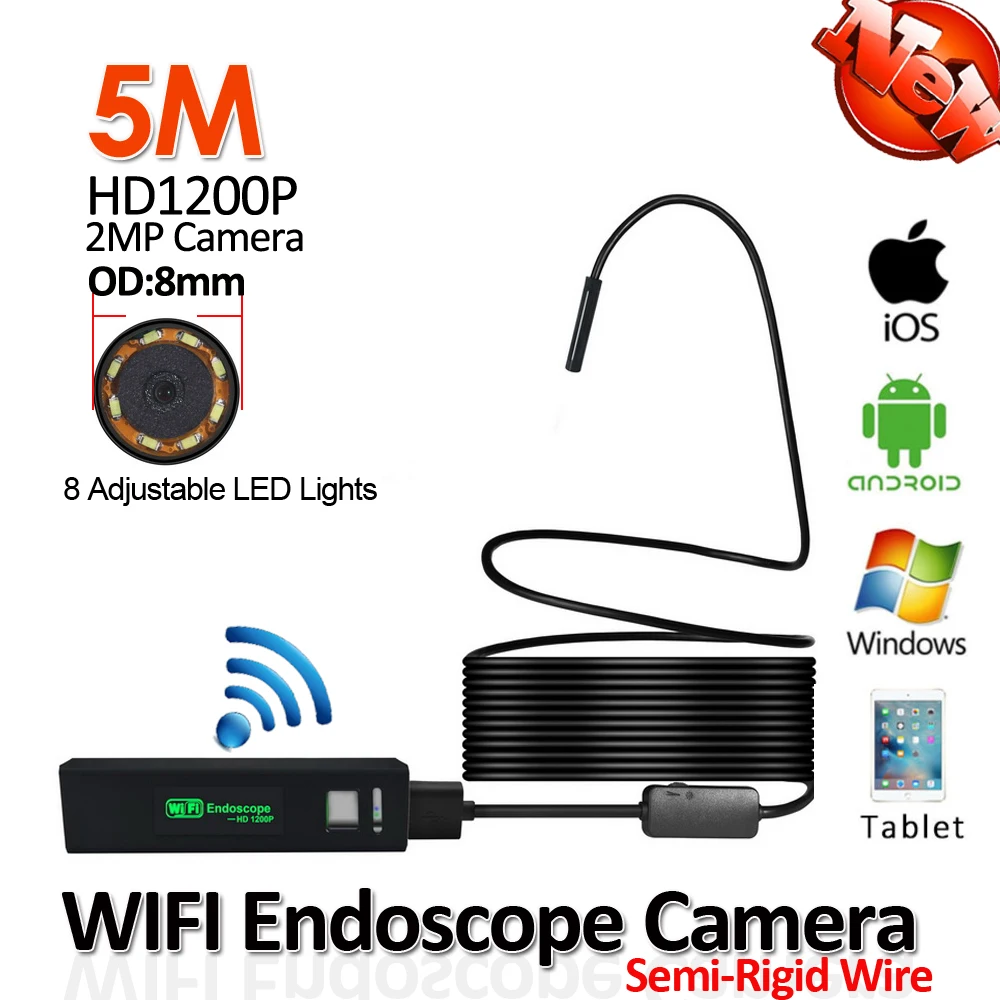 

8mm 5M Flexible Rigid Snake USB 1200P 2MP WIFI Endoscope Camera Android iPhone WIFI Wireless Tube Inspection Borescope Camera