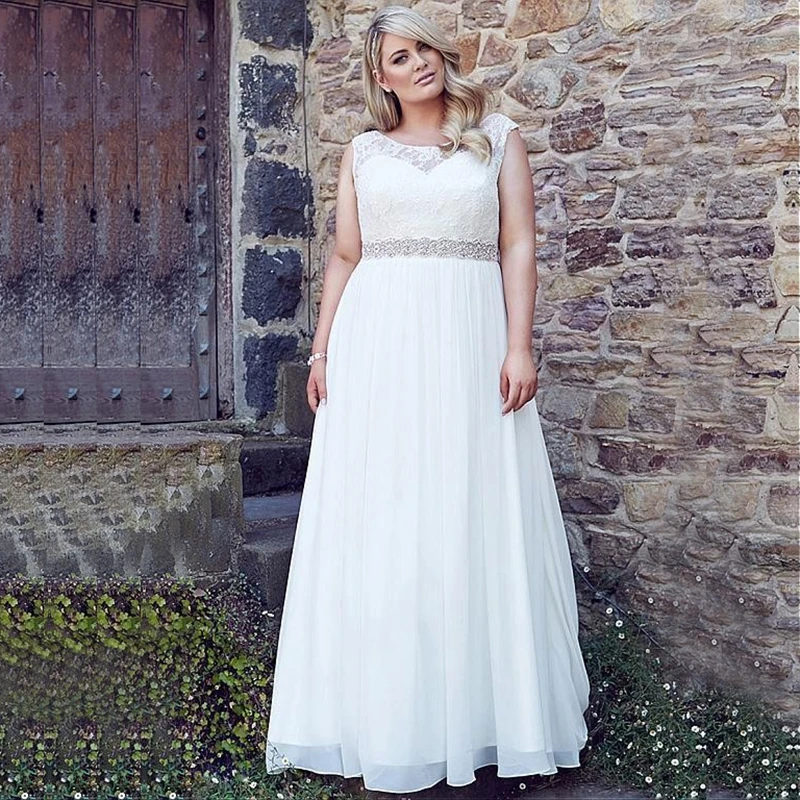 Classic Scoop Chiffon Beach Wedding Dresses With Belt Vestido De