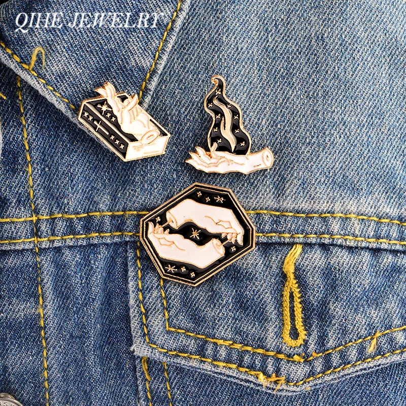 

QIHE JEWELRY 3pc/set Black witch and handbook flame enamel pins black and white hand brooches Punk Enamel pin set Badges