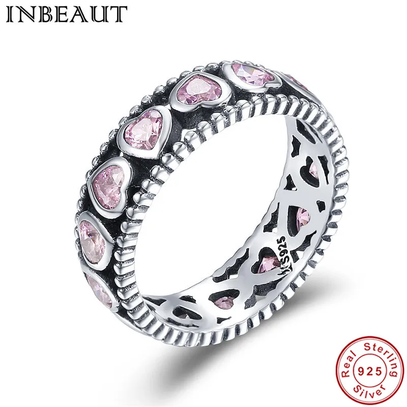 

INBEAUT 925 Sterling Silver Romantic Love Pink Heart Cubic Zirconia Ring Women Clear CZ Stackable Wedding Rings Fine Jewelry