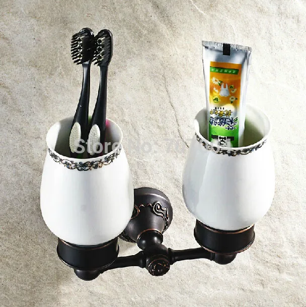 

Oil Rubbed Bronze Top-grade Double Ceramic Cup Toothbrush Holder Wall Mounted Toilet Brush & Holder