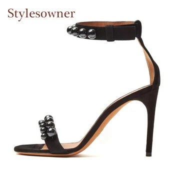 

Stylesowner Hot Sale Summer Sandals Women Open Toe Thin High Heel Sexy Ladys Shoes Black Pearl Decoration Ankle Strap Party Shoe
