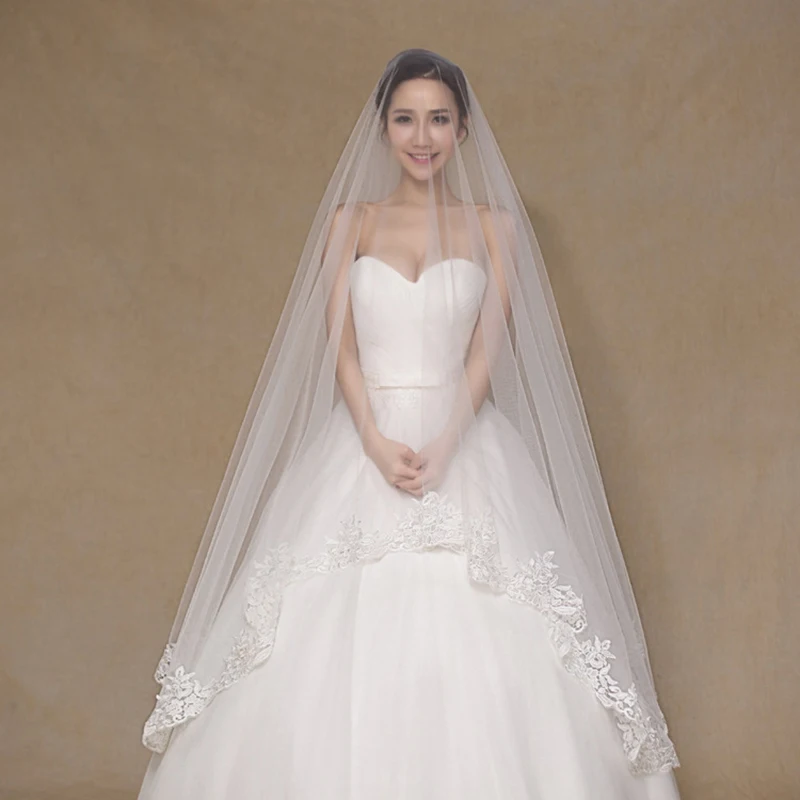 Real Photo 3M Cathedral Wedding Veils One Layer Full Lace Edge White Long Bridal Veil No Comb Cheap Wedding Accessories Mariage