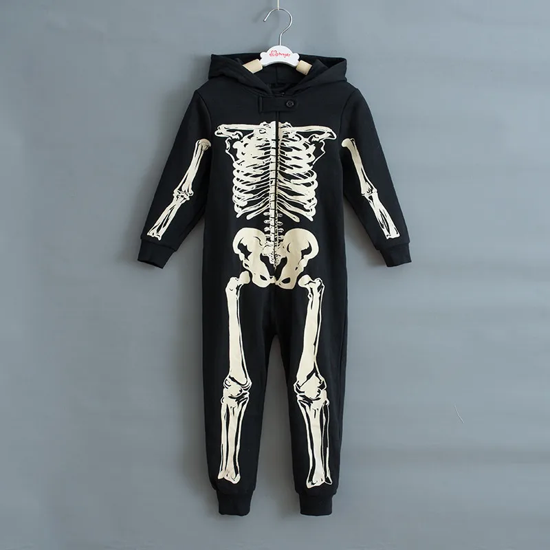 Комбинезон со скелетом для подростков, комбинезон, детская одежда для сна с капюшоном, Пижама детская пижама, пижамы костюмы на Хэллоуин, Осень-зима - Цвет: Black