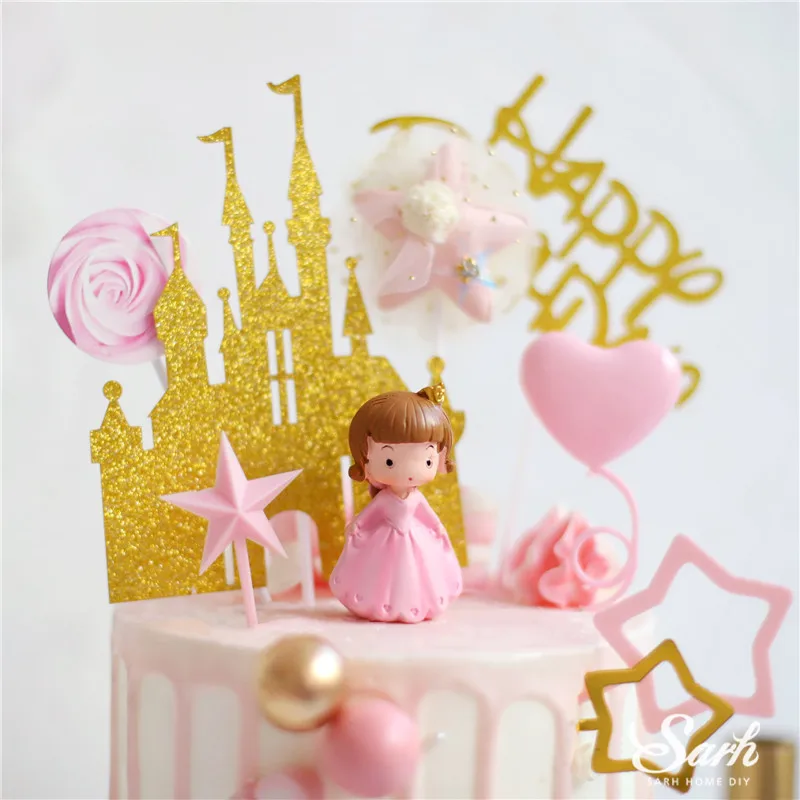 Crown Princess Decoration Shiny Gold Castle Pink Balls Cake Topper Happy Birthday for Kid Party Wedding Supplies Baking Gifts