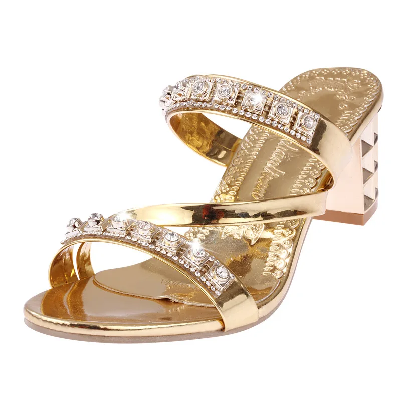 

2019 Casual fashion Women Summer Hollow Out Faux Leather Rhinestones Thick Heel Fish mouth fingerless slippers