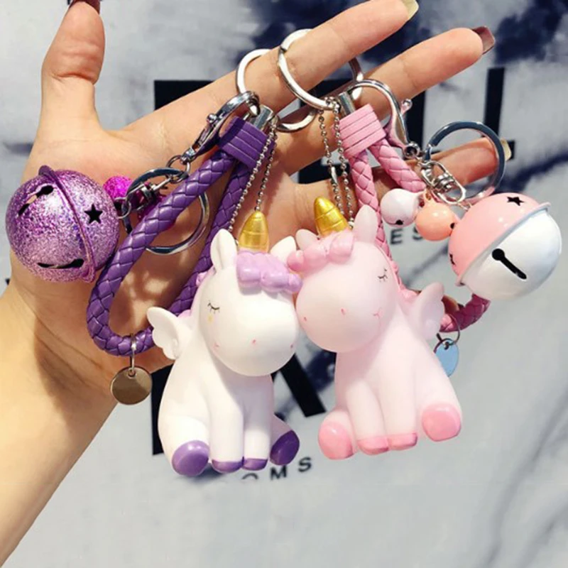 

1 Pc Kawaii Unicorn PVC Keychain Small Dolls Rope Bell Key Bag Pendants Keyring with Sound Cosplay Figure Toy