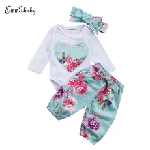 Emmaaby/комплект из 3 предметов, комбинезон с длинными рукавами и цветочным рисунком для новорожденных и маленьких девочек+ длинные штаны с цветочным принтом комбинезон одежды снаряжение, комплект