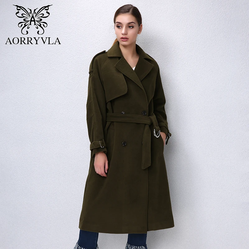 

AORRYVLA 2017 New Winter Wool Coat Women Army Green Casual Turn-Down Collar Double Breasted Loose X-Long Coat European Style
