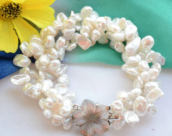 

huij 001672 4strands white lamina BAROQUE KESHI REBORN PEARL bracelet