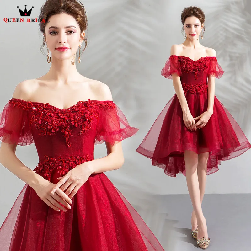 

High Low Short Sleeve Tulle lace Beading Short Sexy Evening Dresses 2018 New Arrival Evening Gown Robe De Soiree JU37