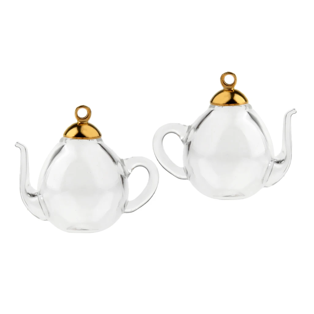 2Pcs Mini Teapot Empty Glass Wishing Cap Bottles Vial Pendant Charms Craft DIY
