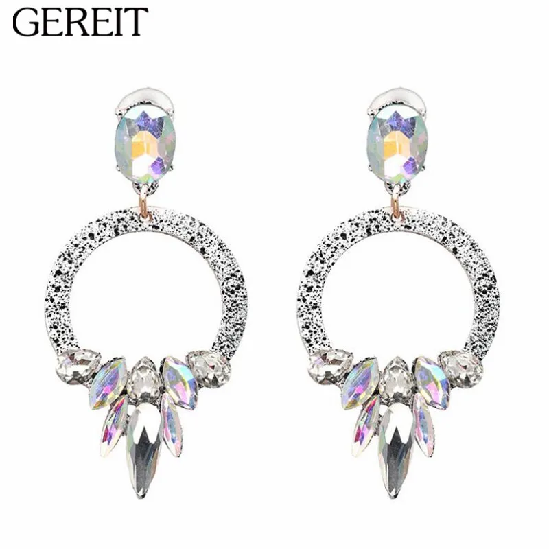 GEREIT Luxury European Geometric Circle Drop Earrings Big Crystal Long Dangle Statement For Women Wedding Druzy Jewelry | Украшения и