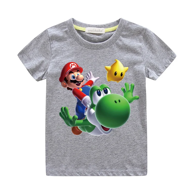 Детские футболки с короткими рукавами; летняя одежда для мальчиков и девочек; футболки с принтом Марио из мультфильма; Детские футболки из хлопка; топы; костюм; ZA034 - Цвет: Grey T-shirts