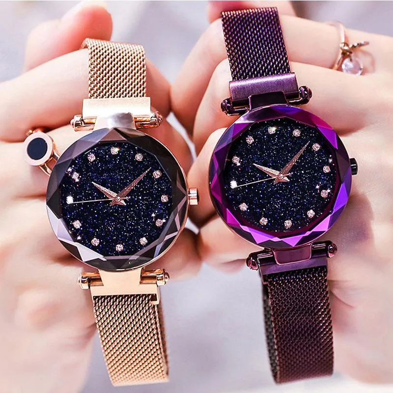 2019 новый дизайн Magenetic Пряжка часы женские звездное небо сетки Группа Кварцевые наручные часы леди Роскошные Алмаз Мерцание часы