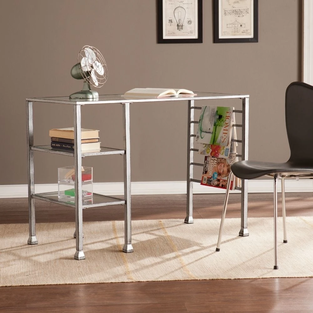 Metal/Glass Writing Desk - Distressed Silver