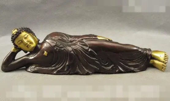 

S4491 11" Chinese Old Bronze Gilt Buddhism Sleeping Shakyamuni Sakyamuni Buddha Statue