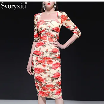 

Svoryxiu Runway Summer Sexy Mesh Ruched Bodycon Dress Women's Elegant Square Collar Rose Flower Print Party Sheath Dresses